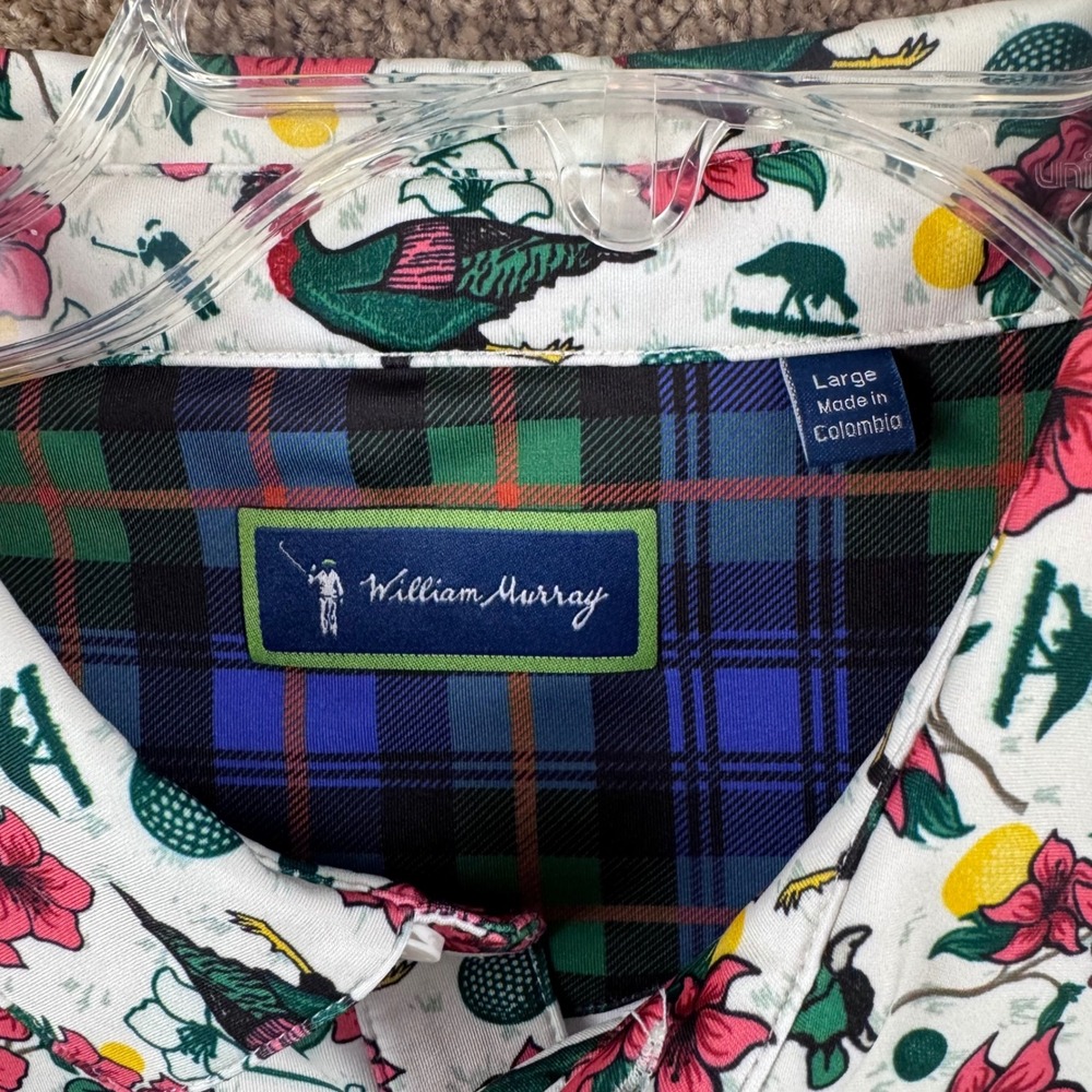 William Murray Golf Mens Greens Keepers Polo Shirt White Floral Animal Large NWT - Picture 6 of 12